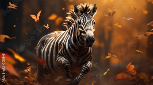 Zebra running in autumn forest with fallen leaves