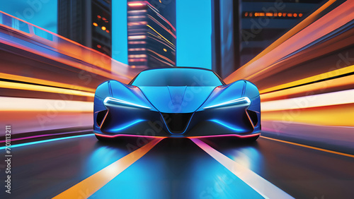 a futuristic car driving down a city street at night with bright lights on sides and a city skyline in the background, a digital rendering, panfuturism, Generative Ai photo