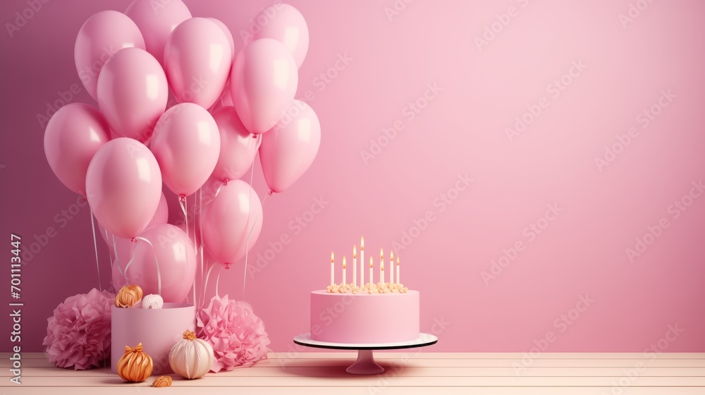 minimal happy birthday cake and balloons with copy space, Candle, pink and blue, colorfull, pastel colors, Valentine, Surprise, wall backdrop