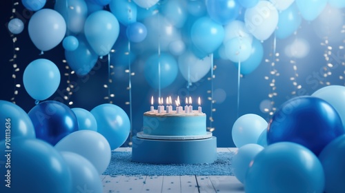 blue tone birthday cake with Candles and balloons, blue balloons, cream, birthday background, happy birthday, generative ai photo