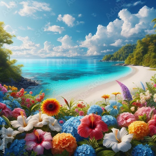 beach with tropical flowers © Muhammad Ali