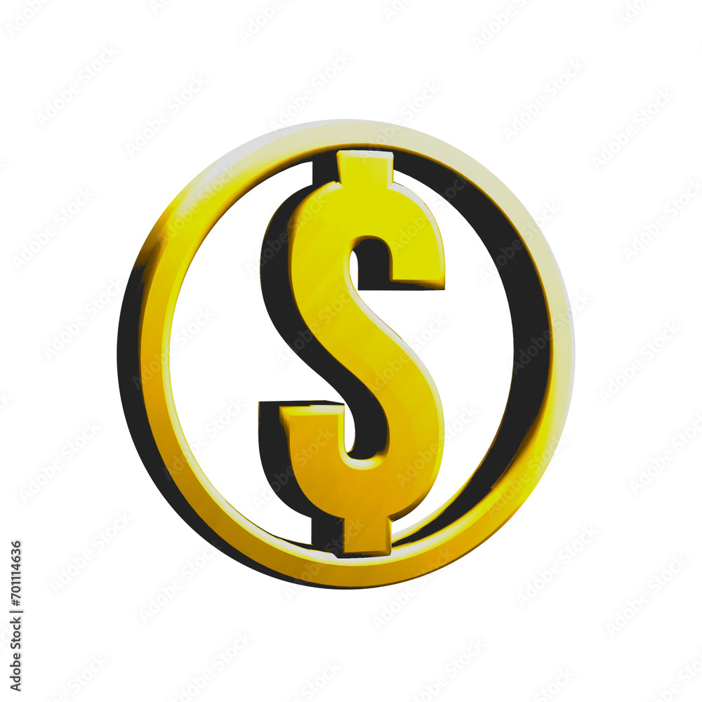 3D render golden dollar currency money icon on isolated transparent background 3D render golden dollar currency money icon on isolated transparent background