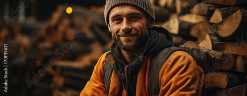 A handsome smiling positive male worker in overalls stands against the backdrop of a lumber warehouse. Close-up of a face.