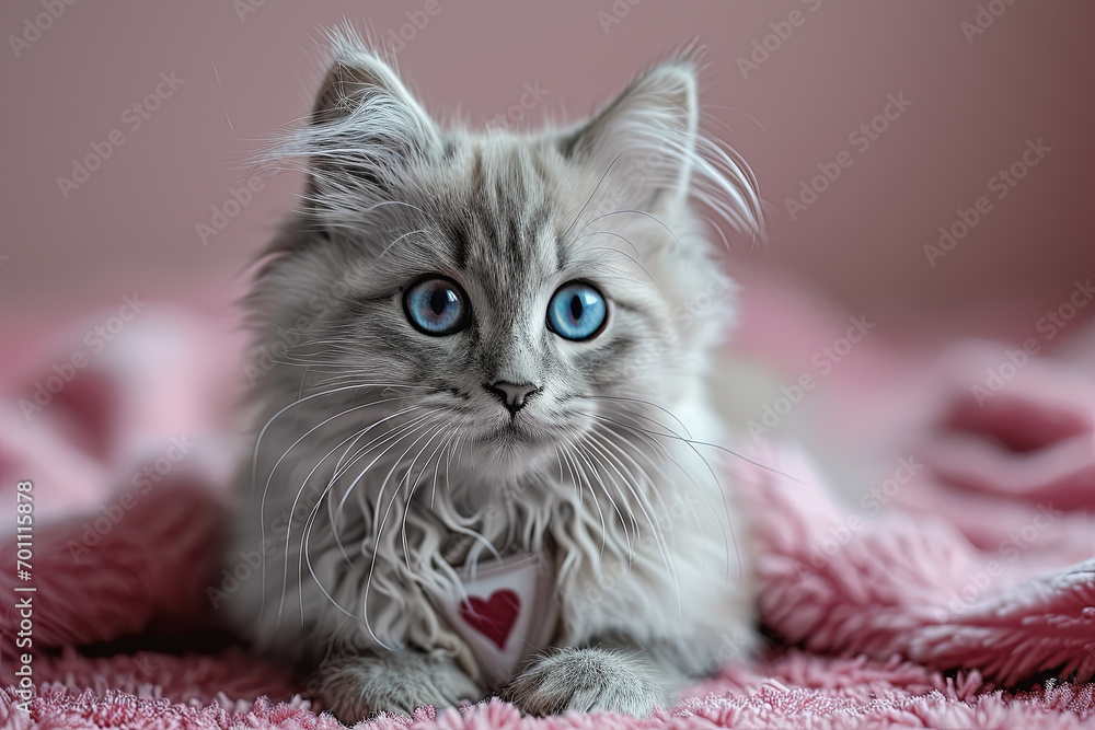 gato persa de ojos azules vistiendo un jersey con un  corazón dibujado y tapado con una manta rosa con fondo del mismo color