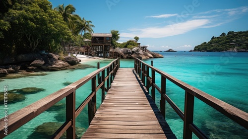 Wooden bridge stretching towards the horizon. Set against the backdrop of the ocean and a beautiful beach island.