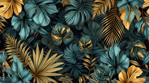 Gold and teal palm leaves digital pattern wallpaper photo