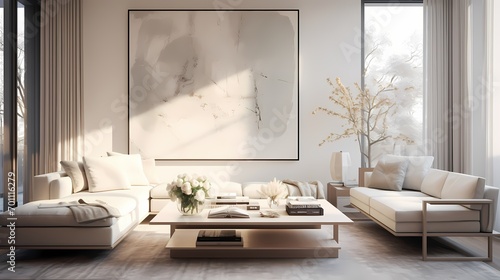 Tranquil living room with a muted color palette, low-profile furniture, and abstract wall art © CREATER CENTER