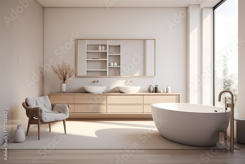 Tranquil modern classic minimalist bathroom with a soaking tub  natural textures  and a clean  uncluttered design