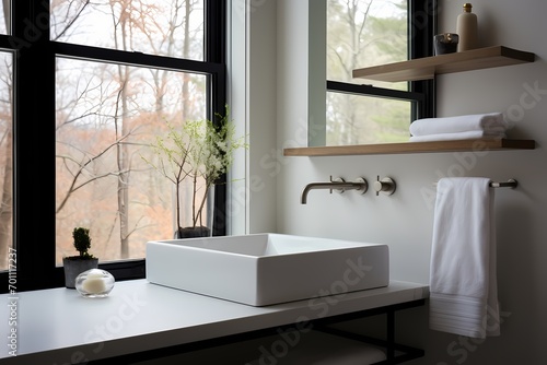 A modern classic minimalist washroom featuring a freestanding sink, a minimalist towel rack, and a large window, allowing natural light to fill the space.