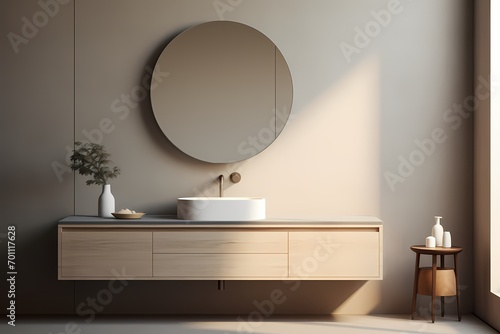A modern classic minimalist washroom with a floating vanity  a round mirror  and a sleek faucet  creating a visually pleasing and harmonious space.
