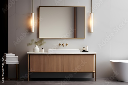 A modern classic minimalist washroom featuring a freestanding sink  a frameless mirror  and a minimalist sconce  exuding elegance and simplicity.