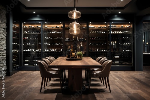 A modern dining room with a large wooden table, leather chairs, and a floor-to-ceiling wine cellar, adding a touch of sophistication.