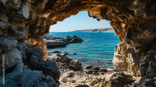 A photo of the Sea Caves area in Agia Napa, Cyprus, with rugged coastline as the background, during a tranquil twilight