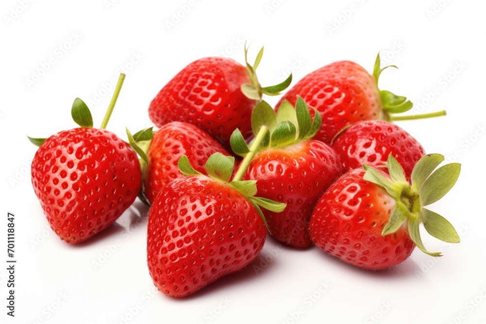 Close-up of vibrant red strawberries with detailed seeds, accompanied by fresh green leaves. These juicy and healthy fruits are perfect for summer desserts Close-up of vibrant red strawberries with detailed seeds, accompanied by fresh green leaves. These juicy and healthy fruits are perfect for summer desserts