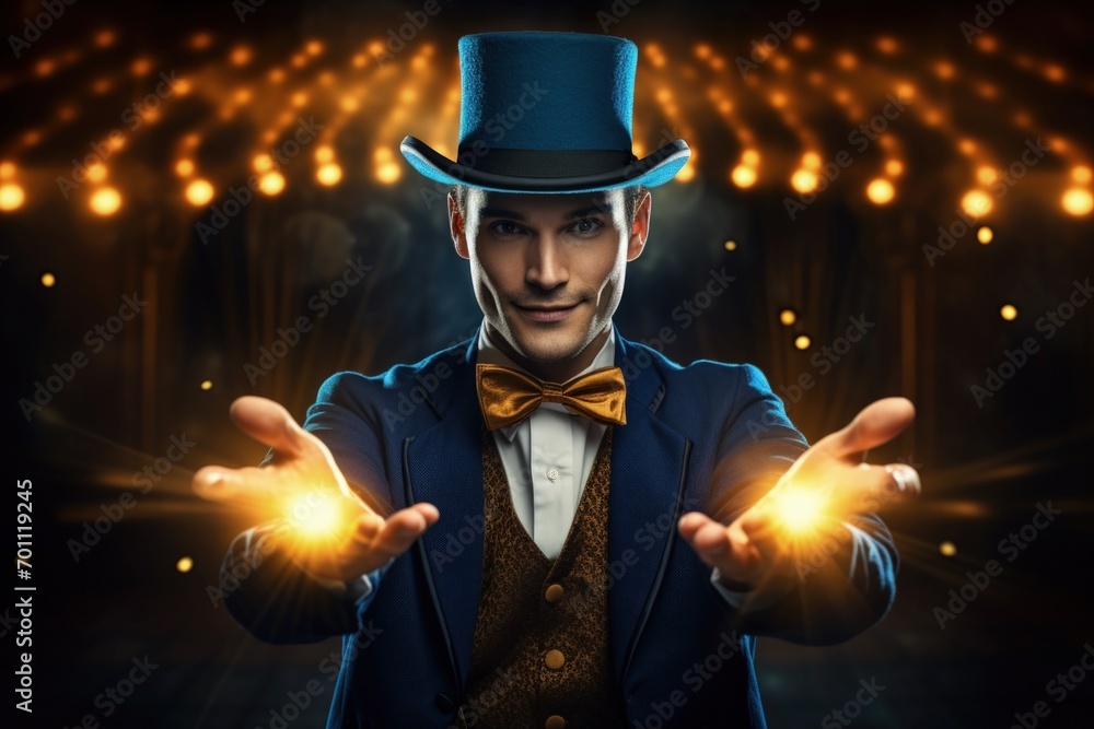 A dapper illusionist gentleman exudes sophistication and charm, adorned in a crisp suit and top hat, basking in the warm glow of the light, magic show