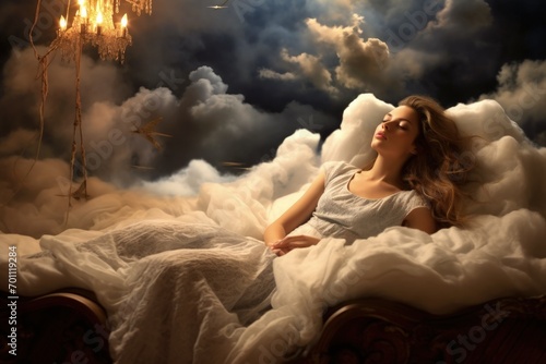Ethereal woman sleeping sky of clouds, dreamy weightless introspective imaginative mesmerizing hypnotic indoor art