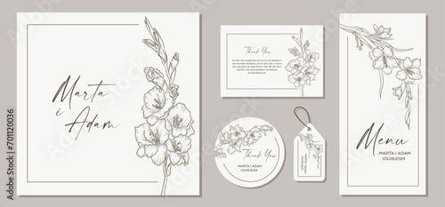 Set of wedding invitation cards with flowers gladiolus and floral elements. Vector illustration. photo