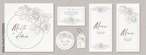 Set wedding invitation card template with hand drawn roses. Vector illustration.