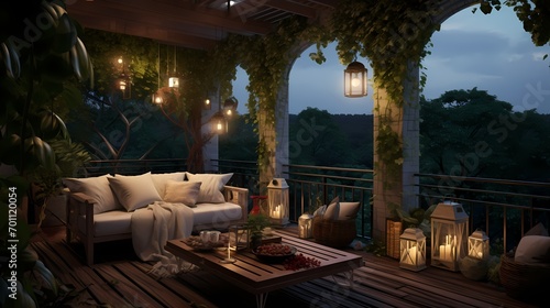 A serene veranda retreat adorned with cozy seating, lush greenery, and soft ambient lighting for ultimate relaxation
