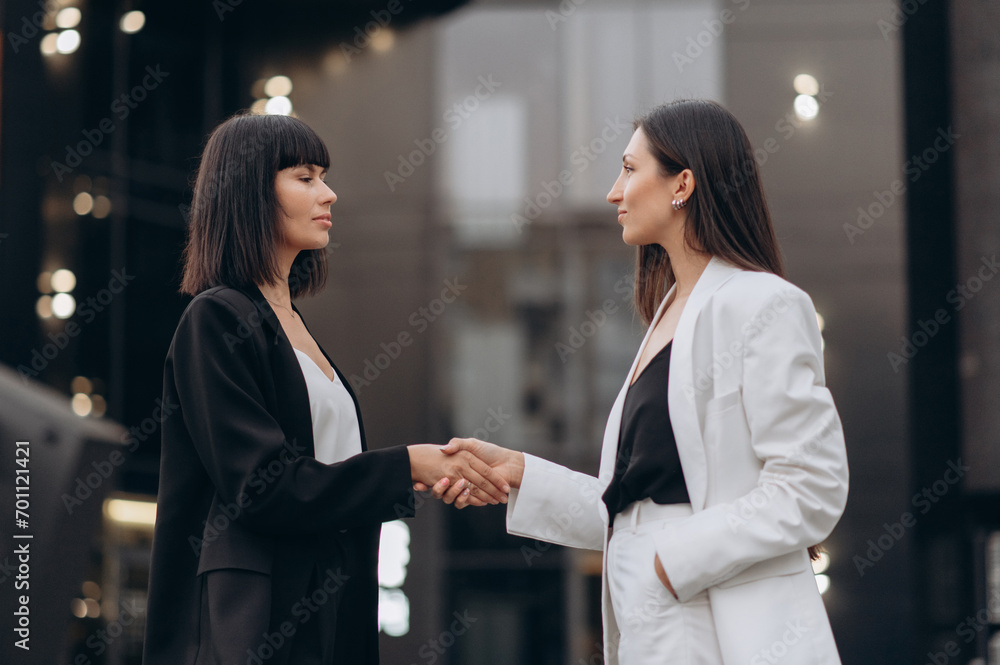 Meeting of two business women. Two young women dressed in business suits are shaking hands when meeting on a city street. Meeting of two business women. Two young women dressed in business suits are shaking hands when meeting on a city street.
