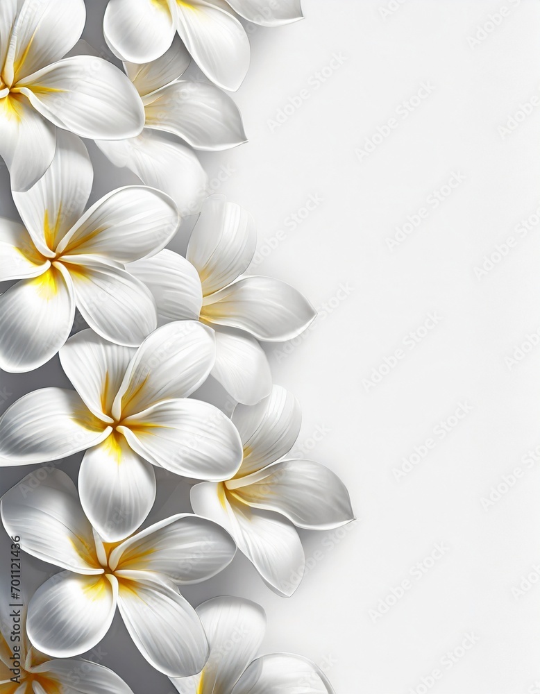 Piękne kwiaty Plumerii na białym tle z miejscem do wklejenia. Generative AI - obrazy, fototapety, plakaty 