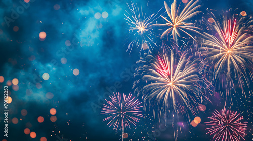 A colorful fireworks display against a blue background