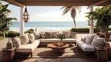 A veranda oasis with a stylish outdoor sectional, decorative lanterns, and a view of the calm ocean waves