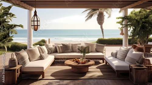 A veranda oasis with a stylish outdoor sectional  decorative lanterns  and a view of the calm ocean waves