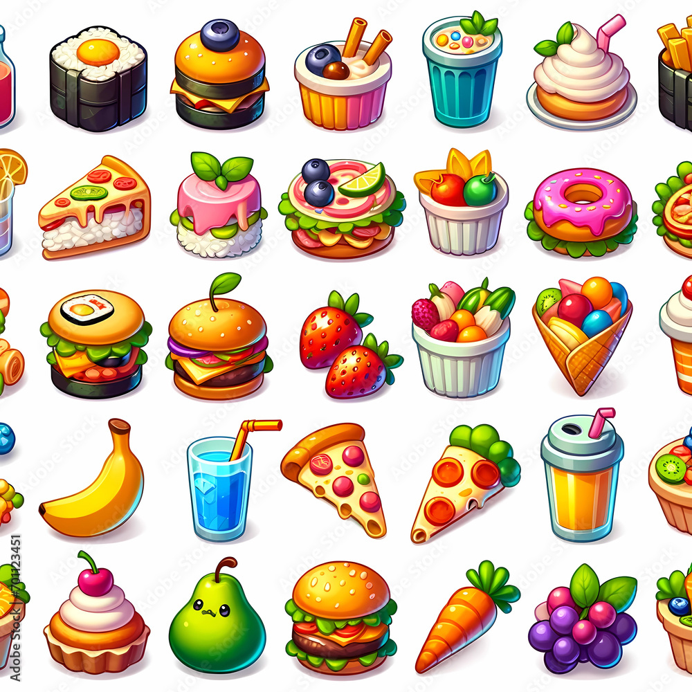 Fototapeta premium A cartoonish food-themed UI elements for a video game interface, featuring items like sushi, pizza, burgers, fruits, vegetables, cakes, and drinks.
