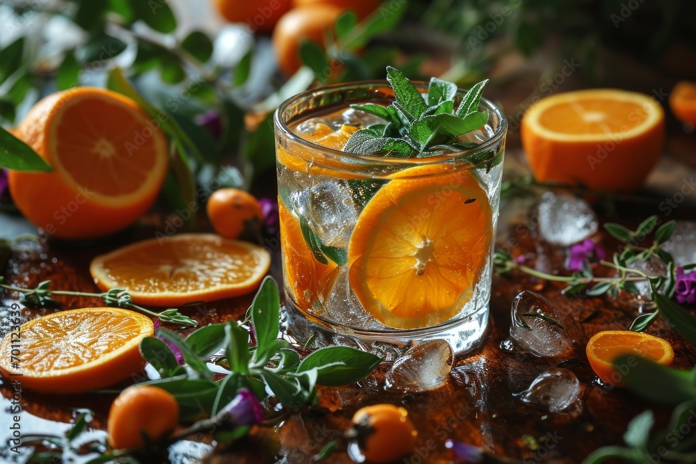 Glass of infused water with slices of citrus fruits and herbs Glass of infused water with slices of citrus fruits and herbs