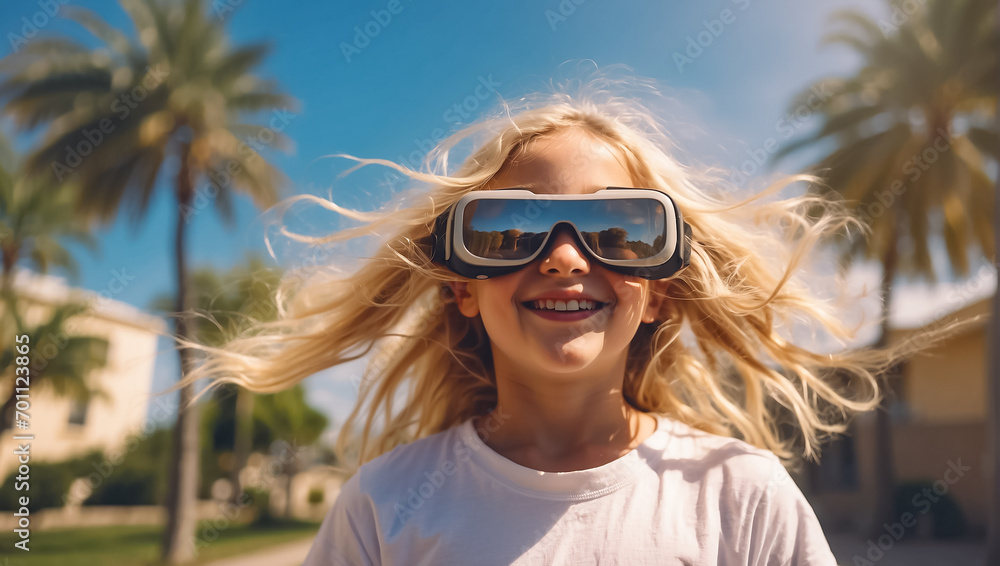 Girl emotions  in virtual reality glasses on the streets in summer
