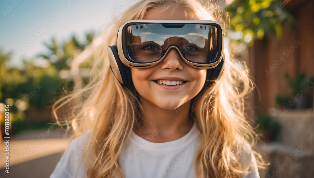 Girl in virtual reality glasses on the streets in summer sunlight Girl in virtual reality glasses on the streets in summer sunlight