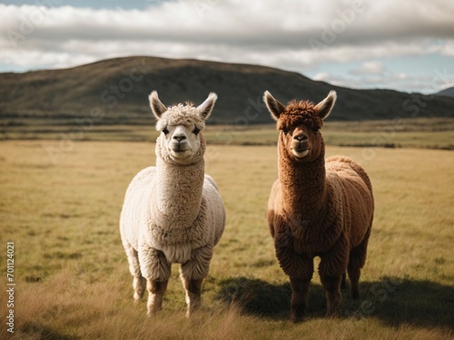 A close up of a two alpacas standing on a grassy field © yahya