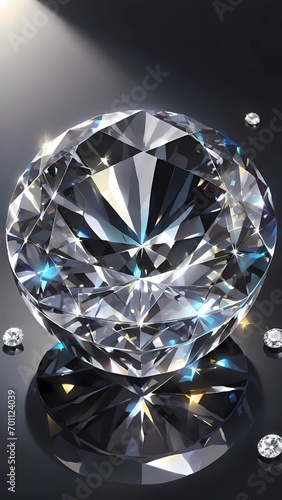 The image displays several sparkling diamonds of various sizes  with the largest one in the center  all reflecting light on a gradient grey background  symbolizing luxury and wealth.