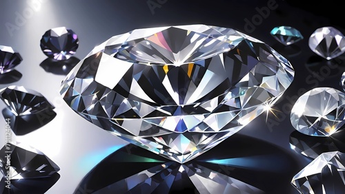 The image displays several sparkling diamonds of various sizes  with the largest one in the center  all reflecting light on a gradient grey background  symbolizing luxury and wealth.