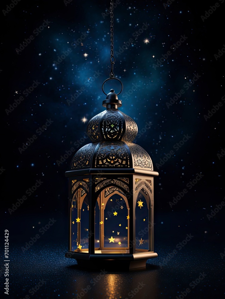 islamic lantern on night dark sky with light stars on bid moonlight 64k 3D, copy space with generative ai islamic lantern on night dark sky with light stars on bid moonlight 64k 3D, copy space with generative ai
