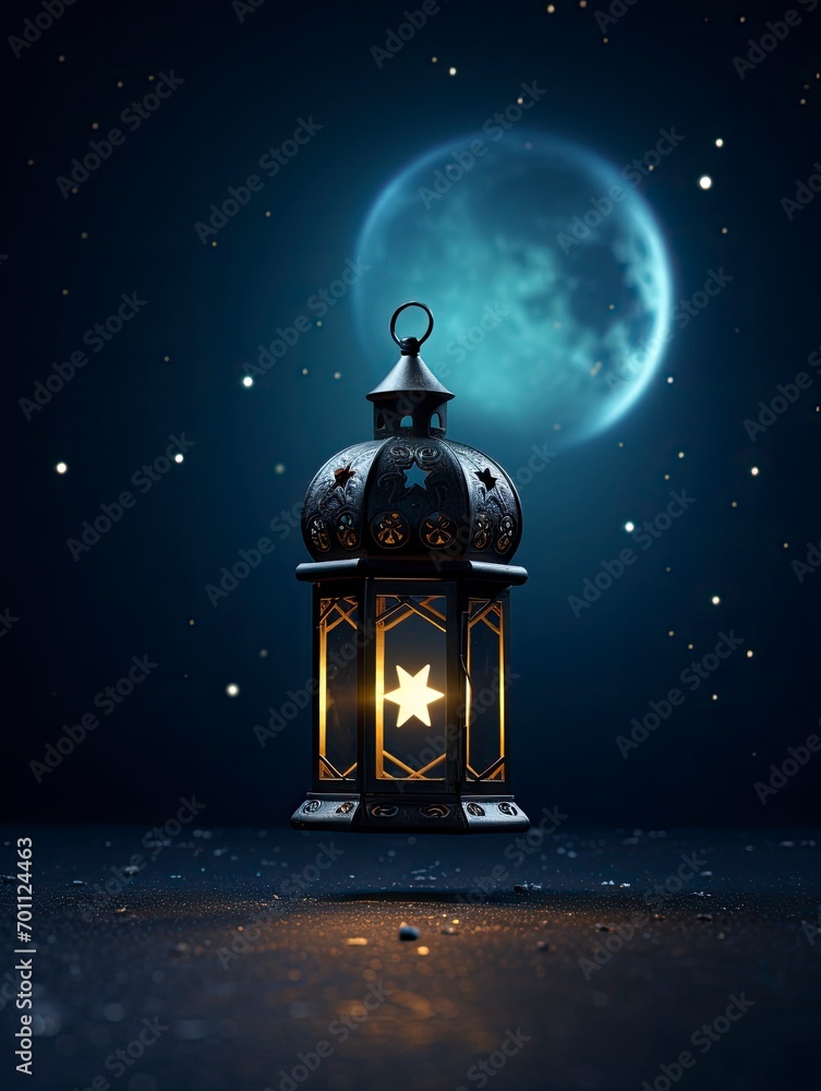 islamic lantern on night dark sky with light stars on bid moonlight 64k 3D, copy space with generative ai islamic lantern on night dark sky with light stars on bid moonlight 64k 3D, copy space with generative ai