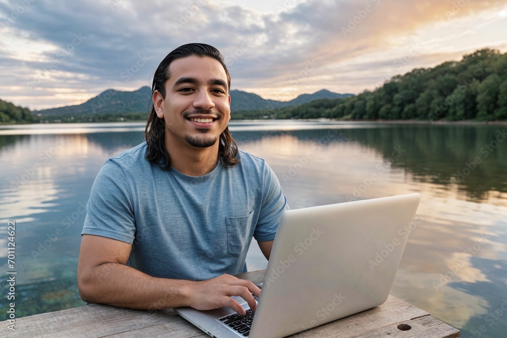 A person working remotely outdoors with freedom to work anywhere while camping with beautiful scenery