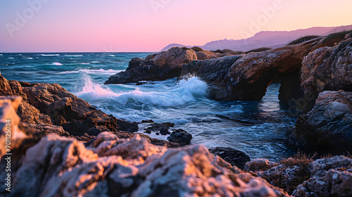 A photo of the Sea Caves at Agia Napa, with distant mountains as the background, during a colorful dusk