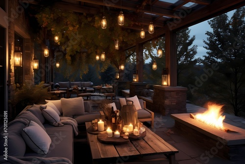 A veranda with a cozy fire pit, perfect for gathering around on cool evenings and enjoying the warmth and company. © CREATER CENTER