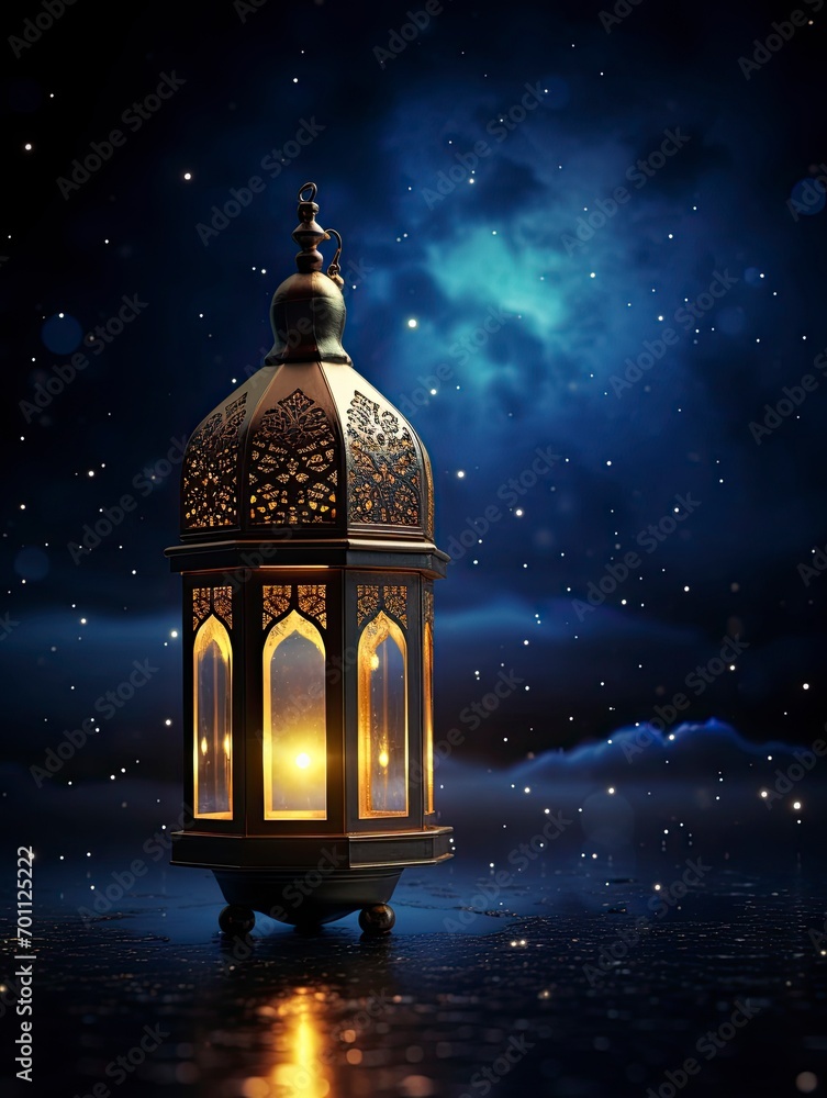 islamic lantern on night dark sky with light stars on bid moonlight 64k 3D, copy space with generative ai islamic lantern on night dark sky with light stars on bid moonlight 64k 3D, copy space with generative ai