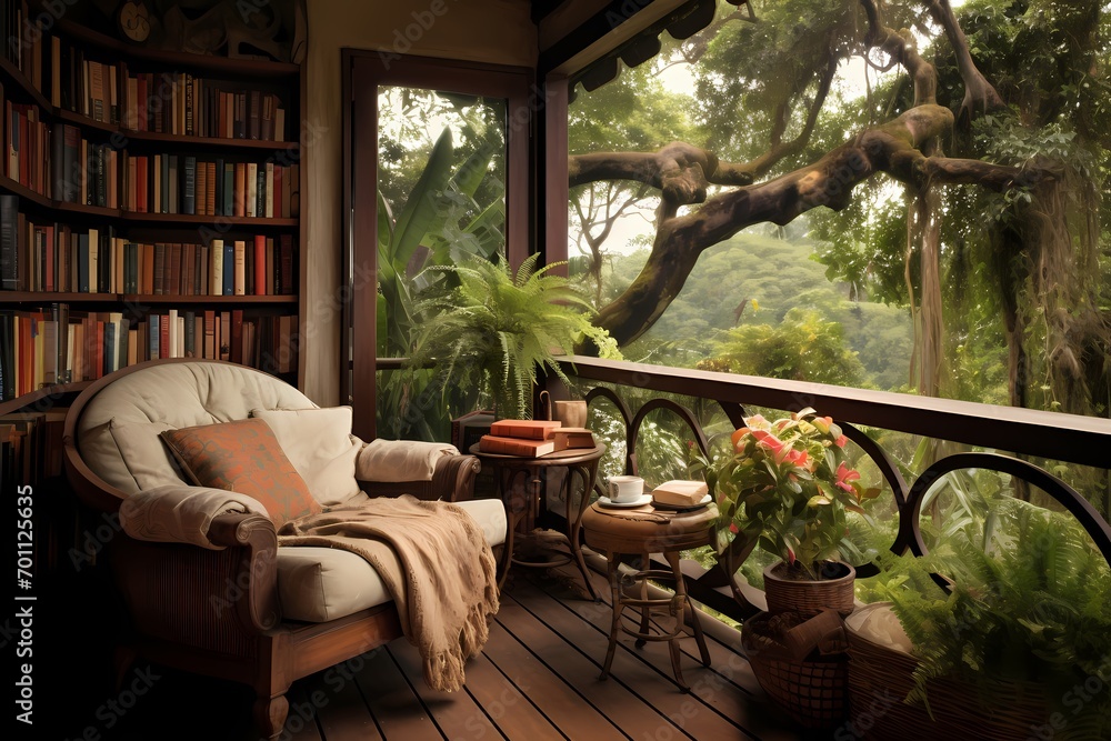 A veranda with a cozy reading nook, complete with a plush armchair and a bookshelf filled with captivating literature.