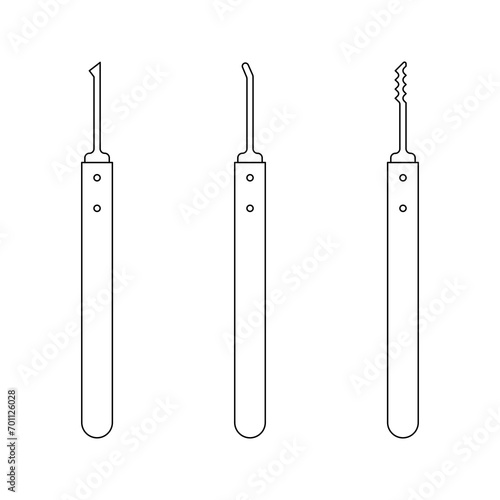 Set of Lock Picks. Includes a Half Diamond a Short Hook and a Wave Rake. Line Art Style.