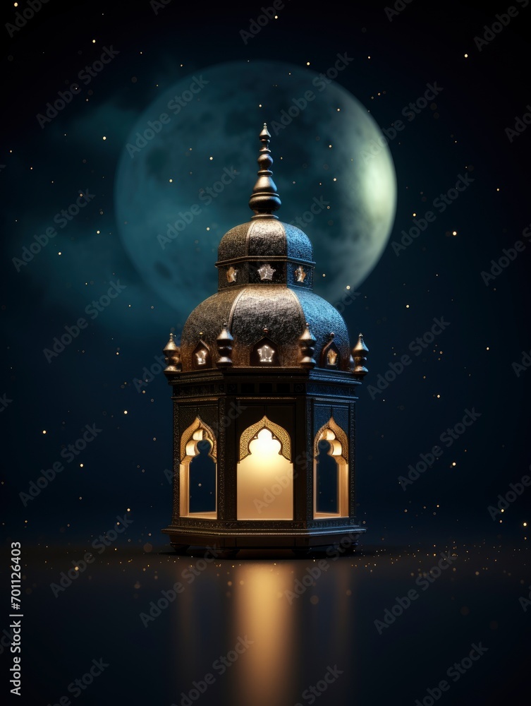 islamic lantern on night dark sky with light stars on bid moonlight 64k 3D, copy space with generative ai