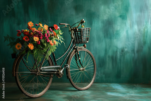 Bicycle With Beautiful Flower Basket on vintage background. World bicycle day photo