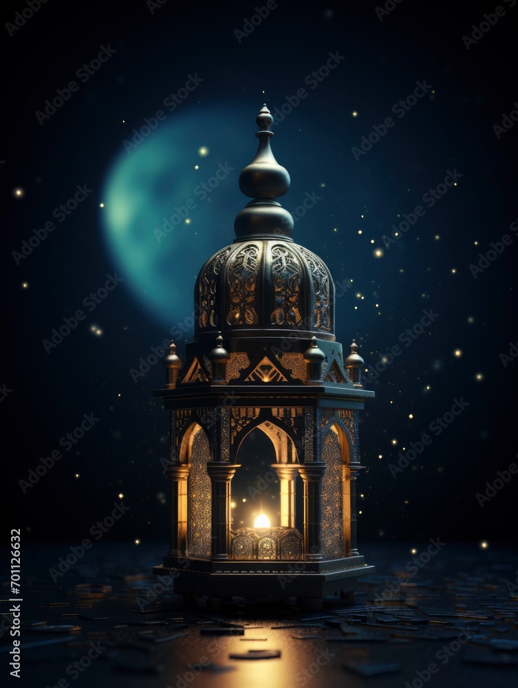islamic lantern on night dark sky with light stars on bid moonlight 64k 3D, copy space with generative ai islamic lantern on night dark sky with light stars on bid moonlight 64k 3D, copy space with generative ai
