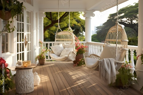 A veranda with a hanging chair, gently swaying in the breeze, providing a soothing space for relaxation.