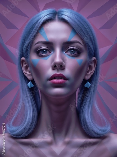 Geometric Enigma: Symmetrical Portrait of a Woman with Blue Hair and Triangular Motifs