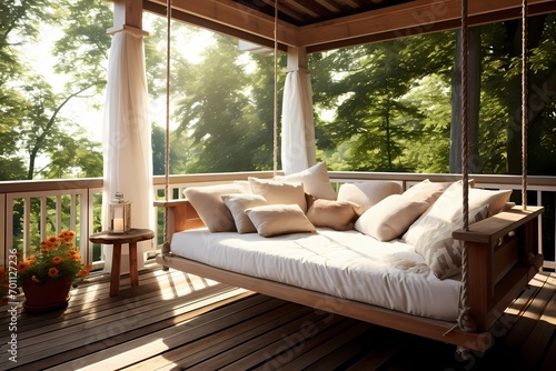 A veranda with a hanging daybed  inviting you to lie down and take a peaceful afternoon nap.