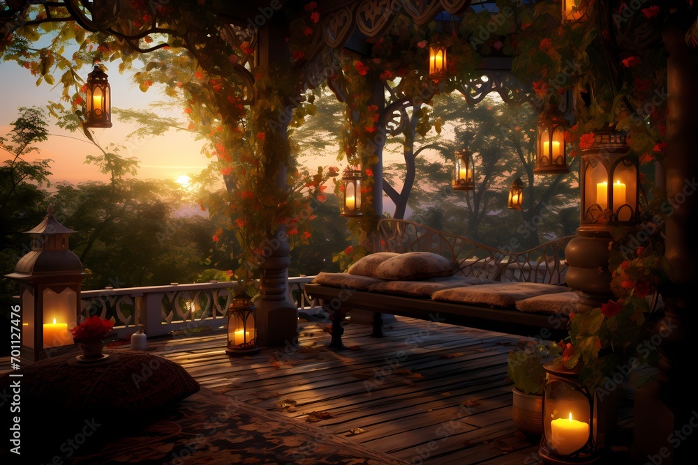 A veranda with a hanging lantern, casting a soft glow and creating a magical atmosphere during the evening hours.